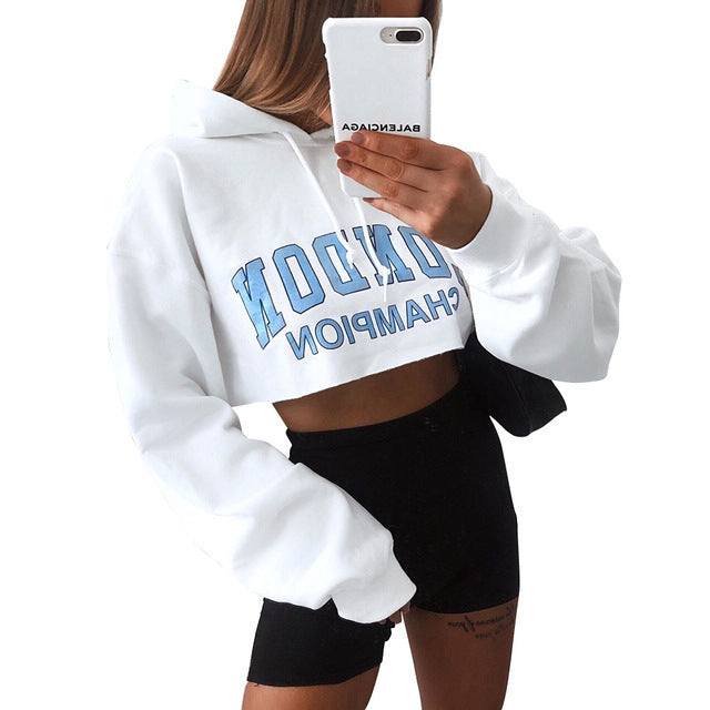 Women's White Crop Top Hoodie - Autumn Long Sleeve Top