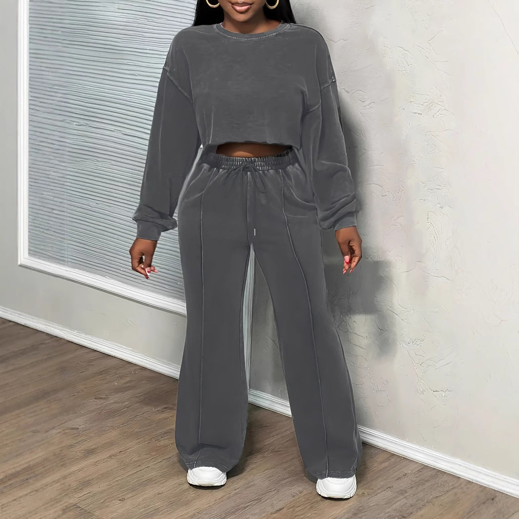 Women's Wide-Leg Trousers & Long-Sleeve Top Set - Casual Two-Piece Outfit