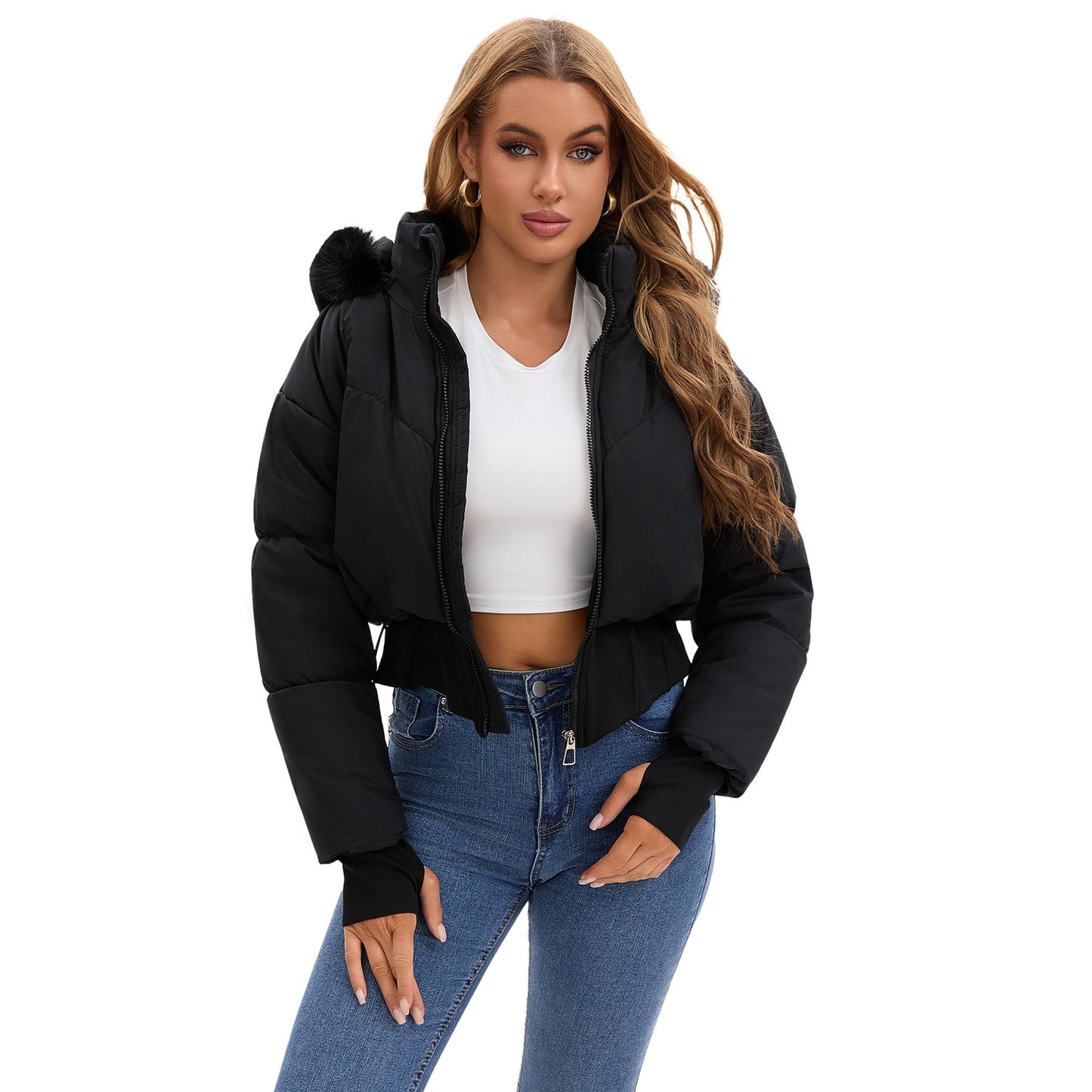 Women's Waist-Tight Fur Collar Hooded Short Cotton Jacket - Winter Coat