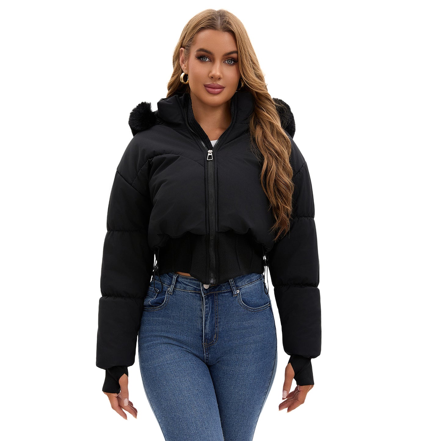 Women's Waist-Tight Fur Collar Hooded Short Cotton Jacket - Winter Coat