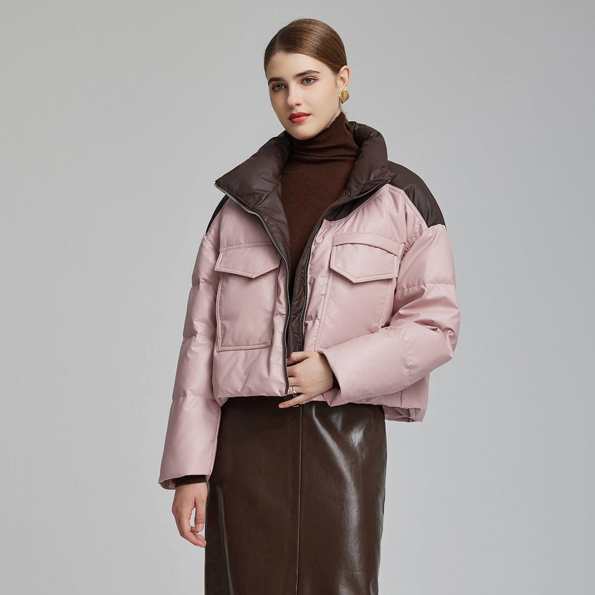 Women's Cotton-Padded Short Loose Leather Coat - Winter Jacket