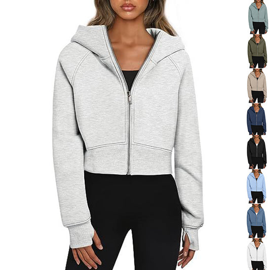 Women's Zippered Fleece Hoodie - Short Sport Cardigan Top