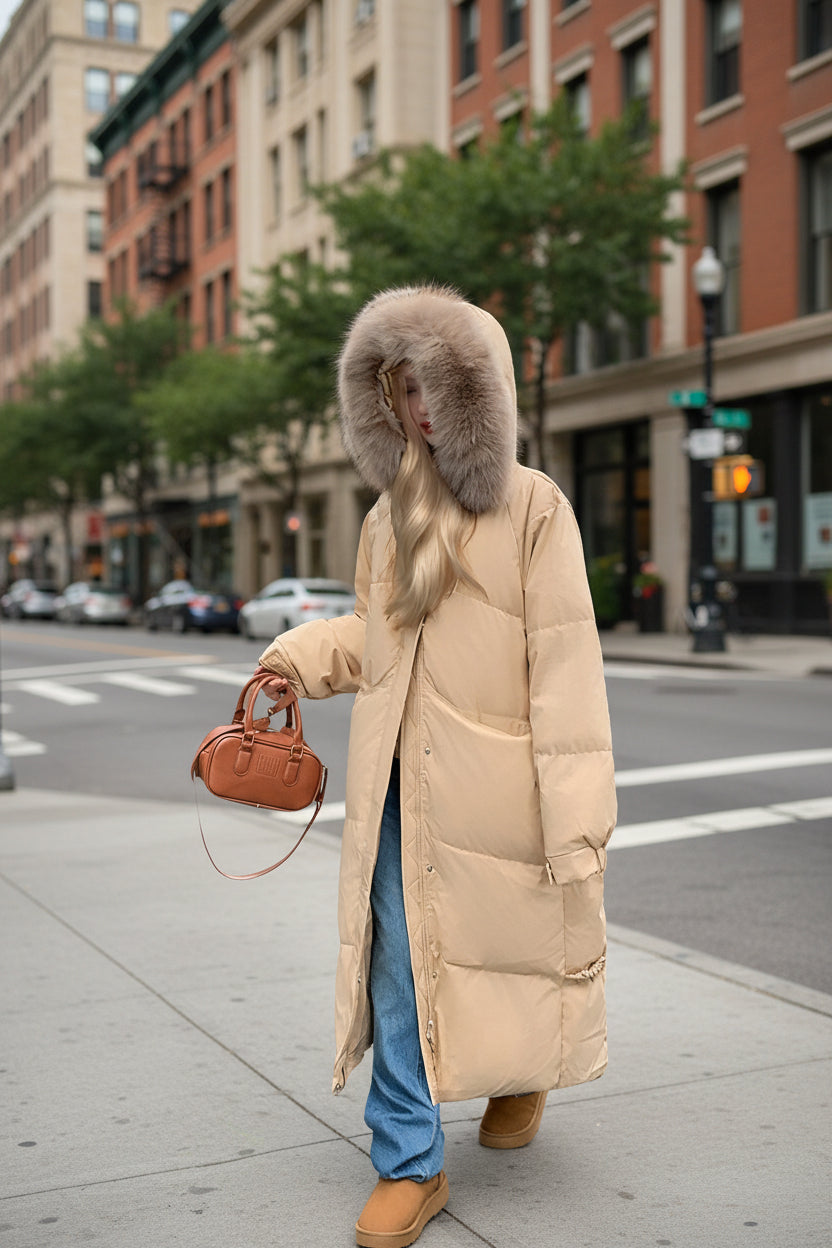 Down Cotton-padded Jacket Women's Mid-length Big Fur Collar