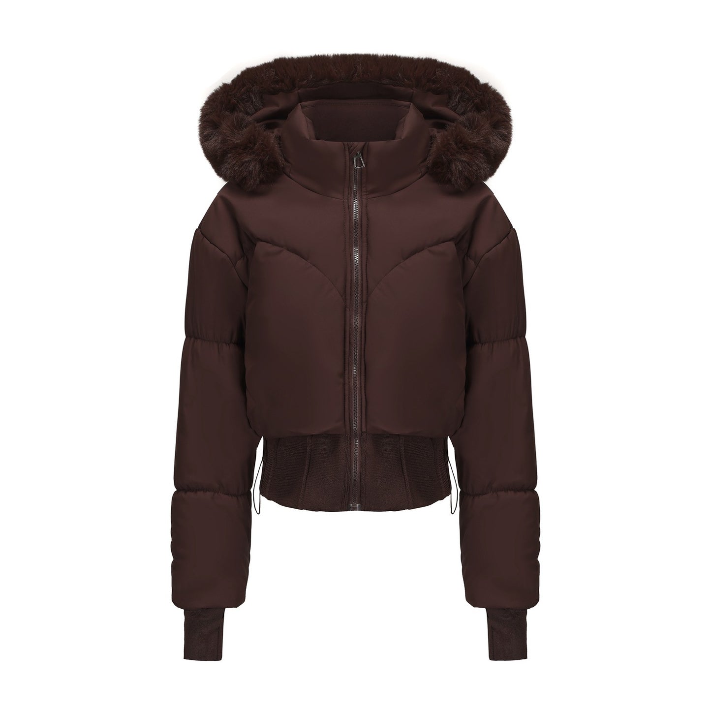 Women's Waist-Tight Fur Collar Hooded Short Cotton Jacket - Winter Coat