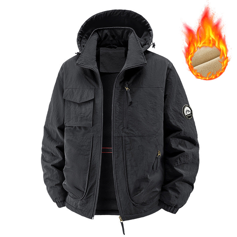 Men's Fleece-Lined Hooded Jacket - Thermal Windproof Winter Coat