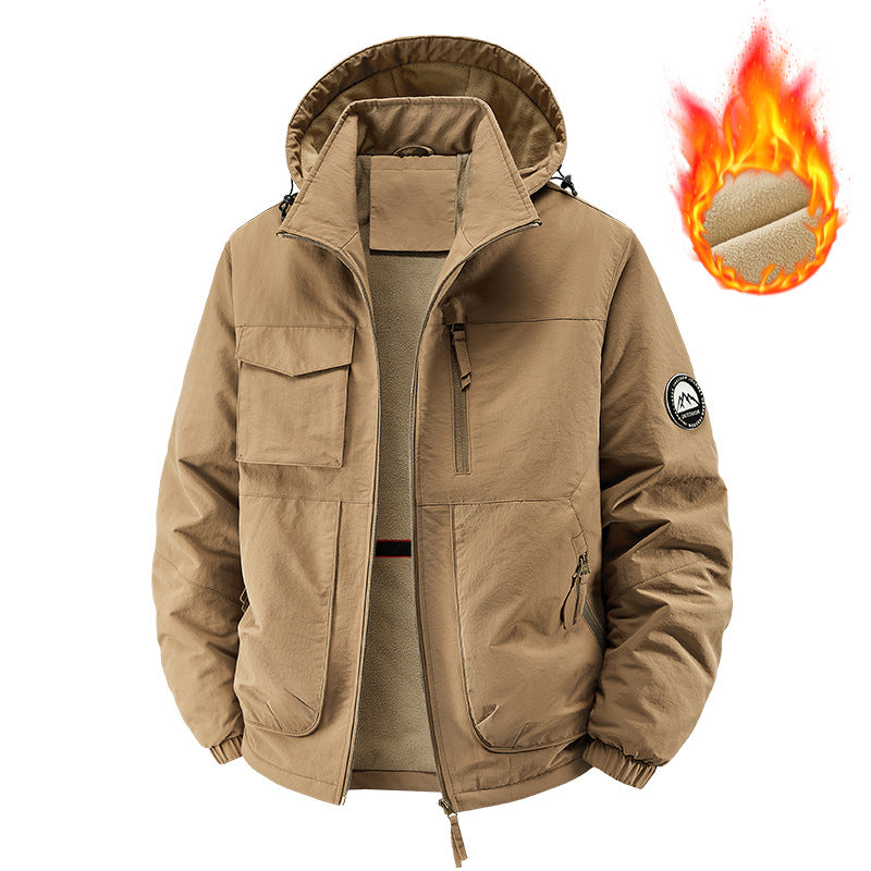 Men's Fleece-Lined Hooded Jacket - Thermal Windproof Winter Coat