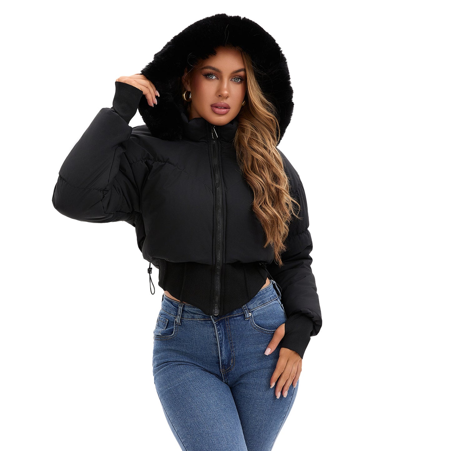 Women's Waist-Tight Fur Collar Hooded Short Cotton Jacket - Winter Coat