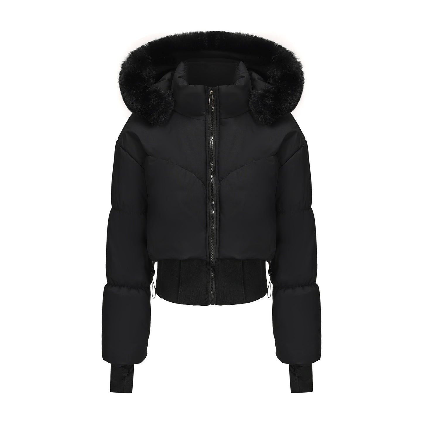 Women's Waist-Tight Fur Collar Hooded Short Cotton Jacket - Winter Coat