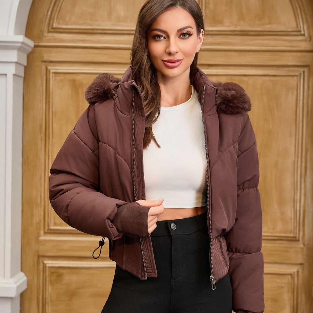 Women's Waist-Tight Fur Collar Hooded Short Cotton Jacket - Winter Coat