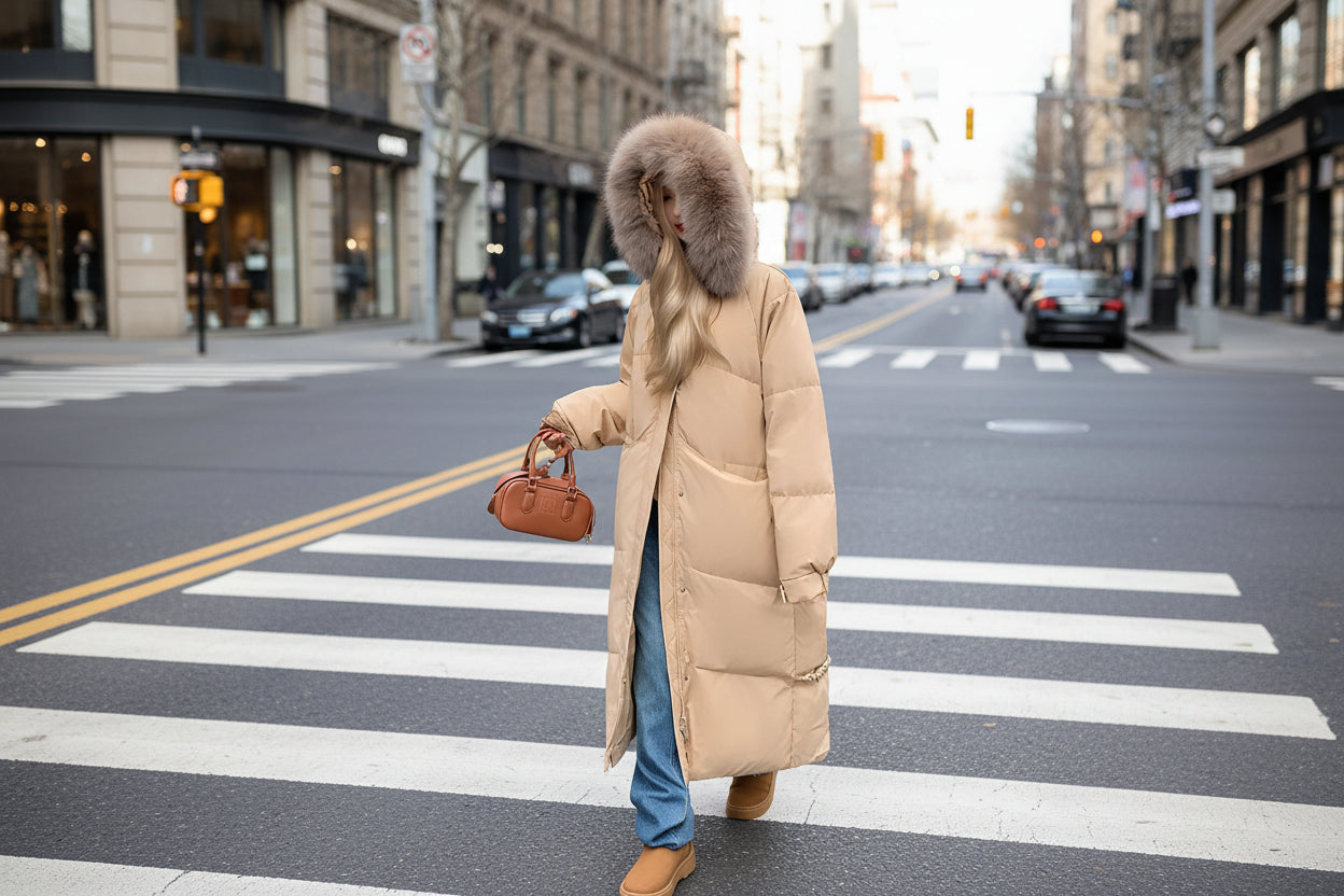 Down Cotton-padded Jacket Women's Mid-length Big Fur Collar