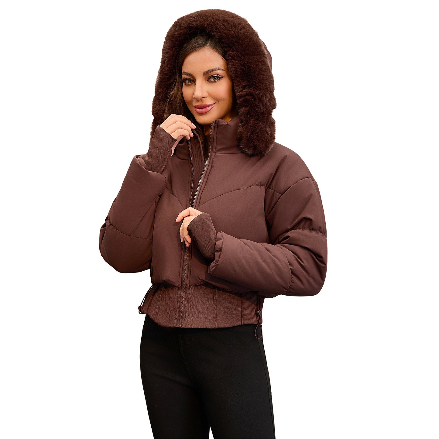 Women's Waist-Tight Fur Collar Hooded Short Cotton Jacket - Winter Coat
