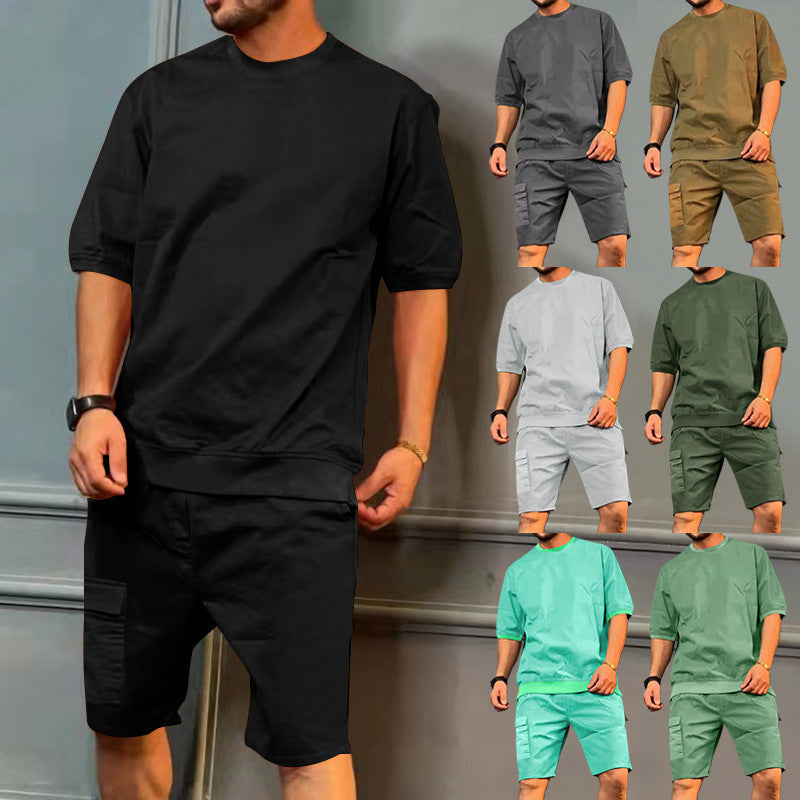 Men's Workwear Multi-Pocket Shorts Tracksuit Set - Cargo Utility Two-Piece