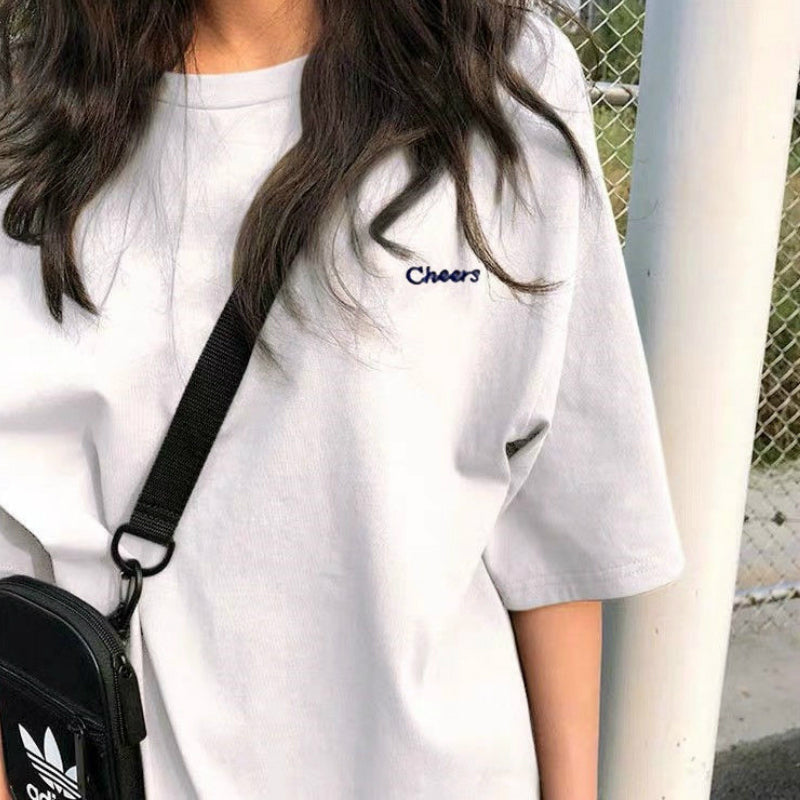 Women's Loose Fit Letter Embroidery T-Shirt - Casual Short Sleeve Tee